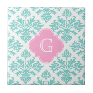 Carreau Lg Aqua Floral Damask #3 Pink Quatrefoil Monogramm