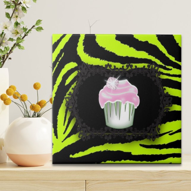 Carreau Lime vert zèbre imprimé Sweet sixteen Cupcake rose (Lime green zebra print Pink Cupcake Sweet Sixteen Ceramic Tile)