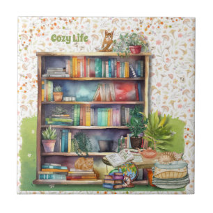 Carreau Livres et Amoureux de les chats Hygge Anniversaire