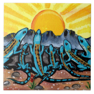 Carreau Lizards Bleus et lever de soleil Trivet en mosaïq