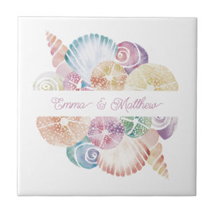 Carreau Logo de mariage Monogram Marine Aquarelle Coquilla