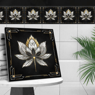 Carreau Lotus Flower - Noir, Perle et Or