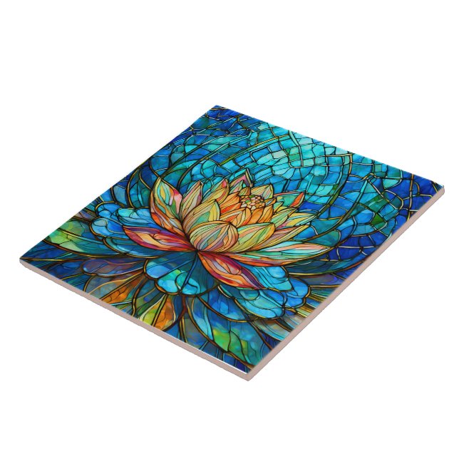 Carreau lotus rose tropical 3 vitraux (Côté)