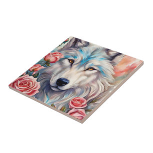 Carreau loup blanc rose rose fleurs rose animal nature art