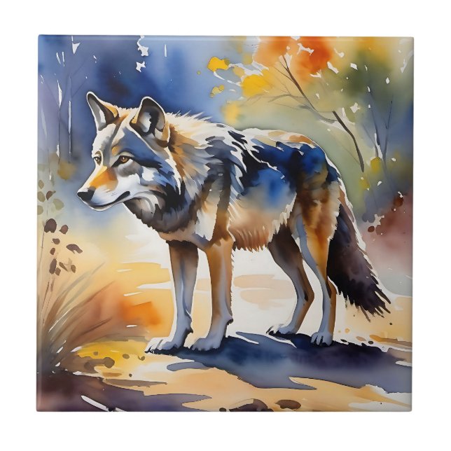Carreau Loup dans une aquarelle de forêt (Devant)