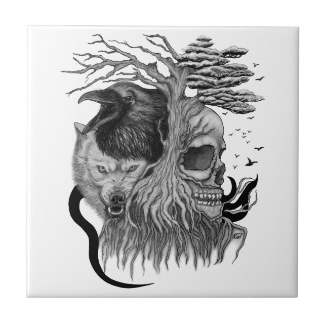 Carreau Loup et corbeau avec crâne (Devant)