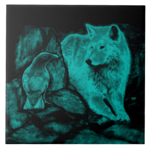 Carreau Loup et corbeau dans la nuit