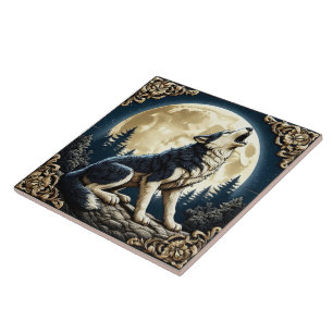 Carreau Loup majestueux hurlant sous une Pleine lune la nu