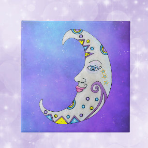 Carreau Lune aux couleurs vives Joli Visage Étoiles Ciel v
