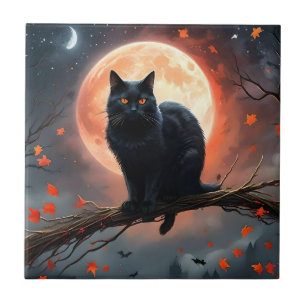Carreau Lune de chat noir d'Halloween effrayant,