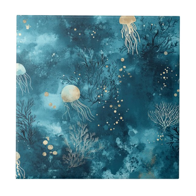 Carreau Lux Ocean Jellyfish & Coral Gold Pattern (3) (Devant)