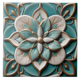 Carreau Luxe Fleur Faux Relief Floral Turquoise & Blanc
