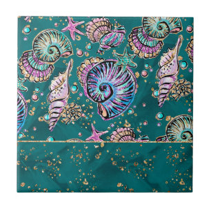 Carreau Luxe Turquoise sous-marin   Coquillages d'or Green