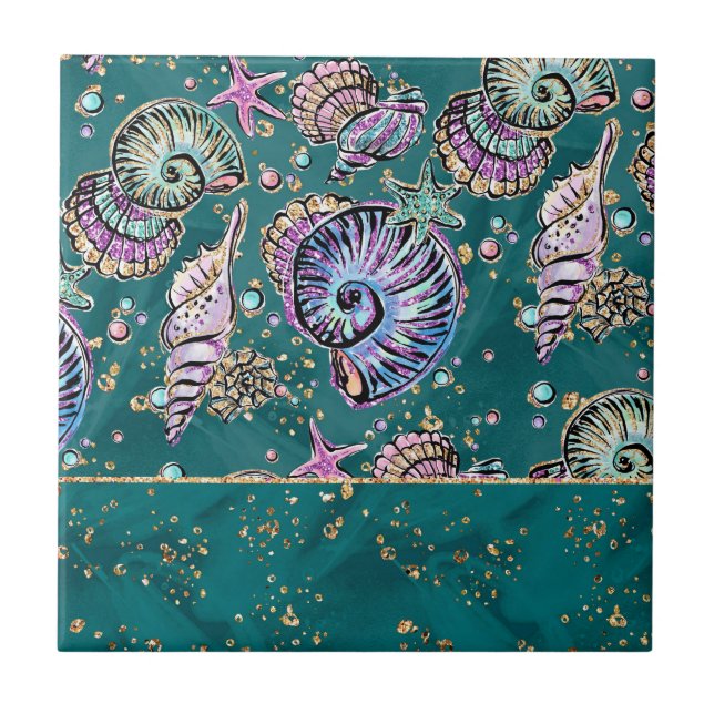 Carreau Luxe Turquoise sous-marin | Coquillages d'or Green (Devant)