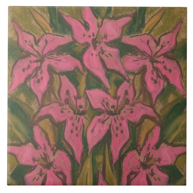 Carreau Lys roses, peinture pastel, fleurs, art floral (Devant)