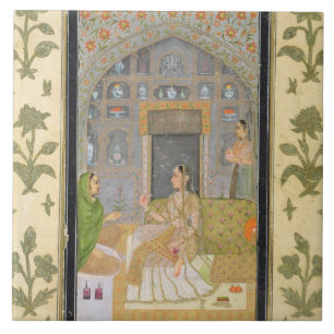 Carreau Madame assise dans un pavillon avec des préposés,