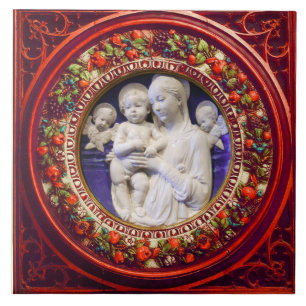 CARREAU MADONNA AVEC ENFANT, ANGES RENAISSANCE FLORALE COU
