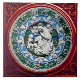 CARREAU MADONNA AVEC ENFANT ET ANGES COURONNE FLORALE