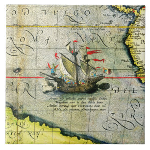 Carreau Magellans navire Victoria, Antique Carte Océan Pac