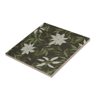 Carreau Magnolia et feuilles verts sur noir