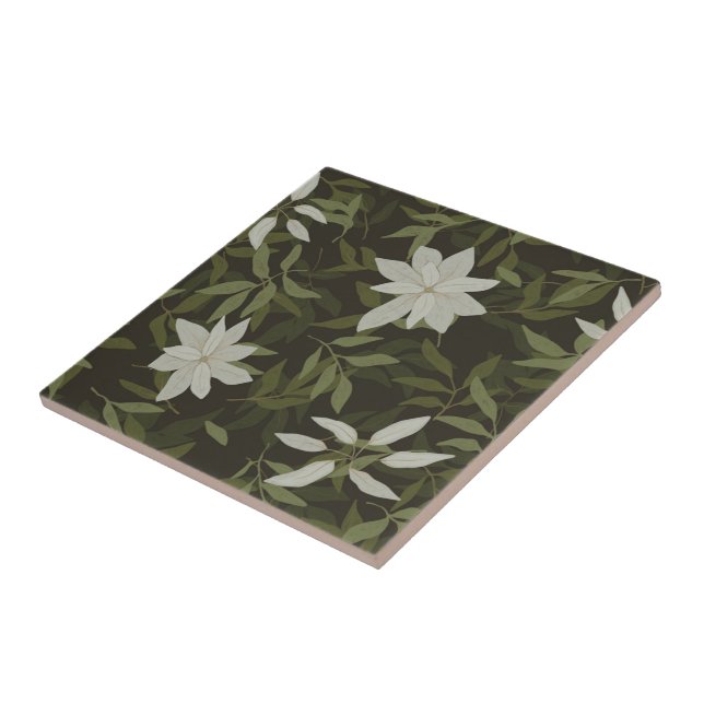 Carreau Magnolia et feuilles verts sur noir (Côté)