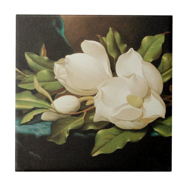 Carreau Magnolias géant sur un tissu de velours bleu par M (Devant)