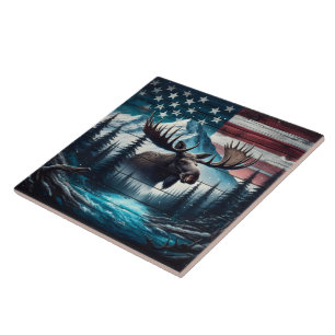 Carreau Majestic Moose Surplombant le paysage américain