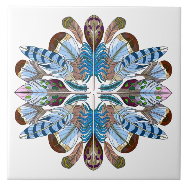 Carreau Mandala, Blues/Browns en plumes peintes (Devant)