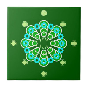Carreau Mandala, Dark Jade Green et Aqua en huit points