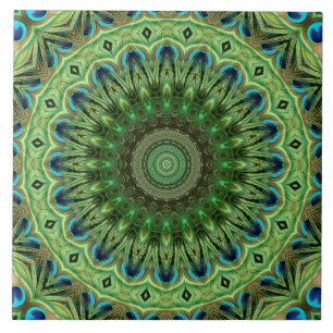 Carreau Mandala de plumes de paon Symétrie émeraude et ble