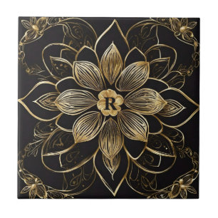 Carreau Mandala floral doré Monogramme initial noir élégan