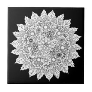 Carreau Mandala Flower Carrelage en céramique noir et blan