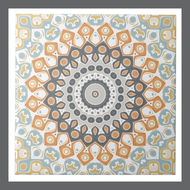 Carreau Mandala géométrique en orange, gris et bleu (Créateur téléchargé)