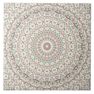 Carreau Mandala Géométrique Intriqué en Turquoise, Rose & 