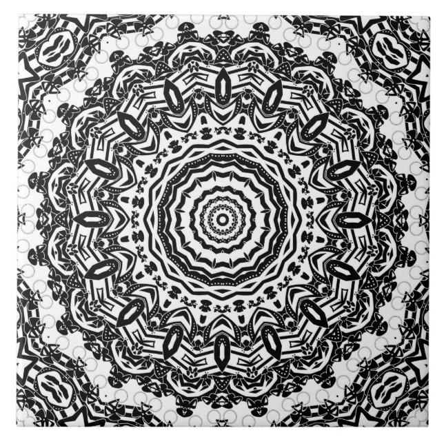 Carreau Mandala, kaléidoscope, noir et blanc, ornement (Devant)