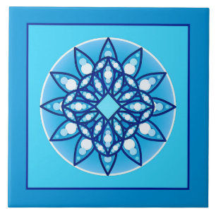 Carreau Mandala motif bordée en bleu et turquoise