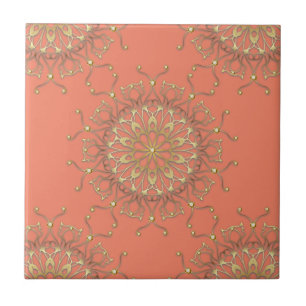 Carreau Mandala Saumon rose & Filigree Or Avec Diamants