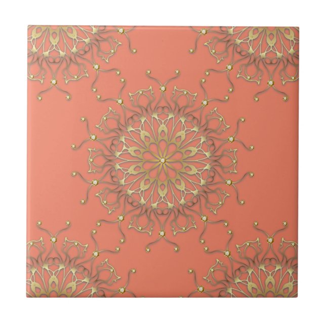 Carreau Mandala Saumon rose & Filigree Or Avec Diamants (Devant)