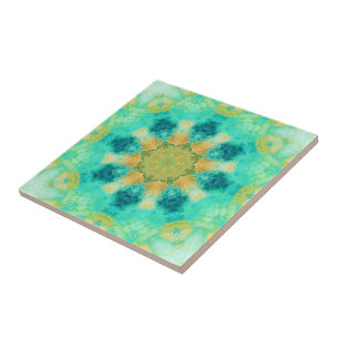 Carreau mandala turquoise et jaune  motif kaleidoscope
