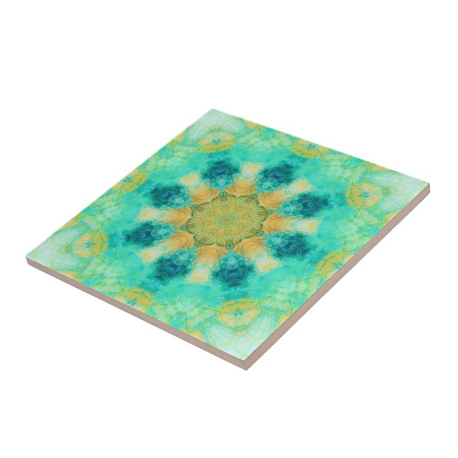 Carreau mandala turquoise et jaune| motif kaleidoscope (Côté)