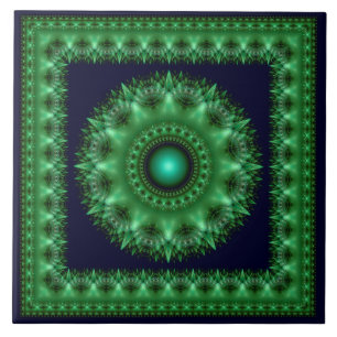 Carreau Mandala vert fractal brillant encadré