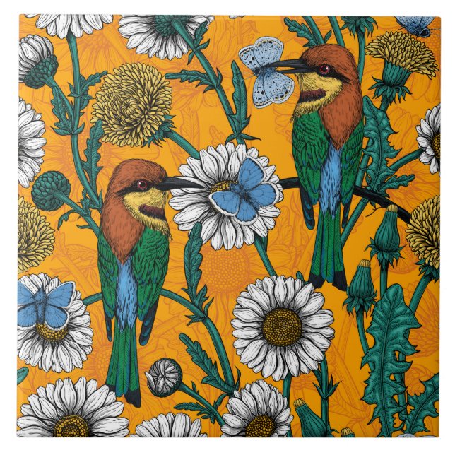 Carreau Mangeurs d'abeilles, papillons bleus et marguerite (Devant)