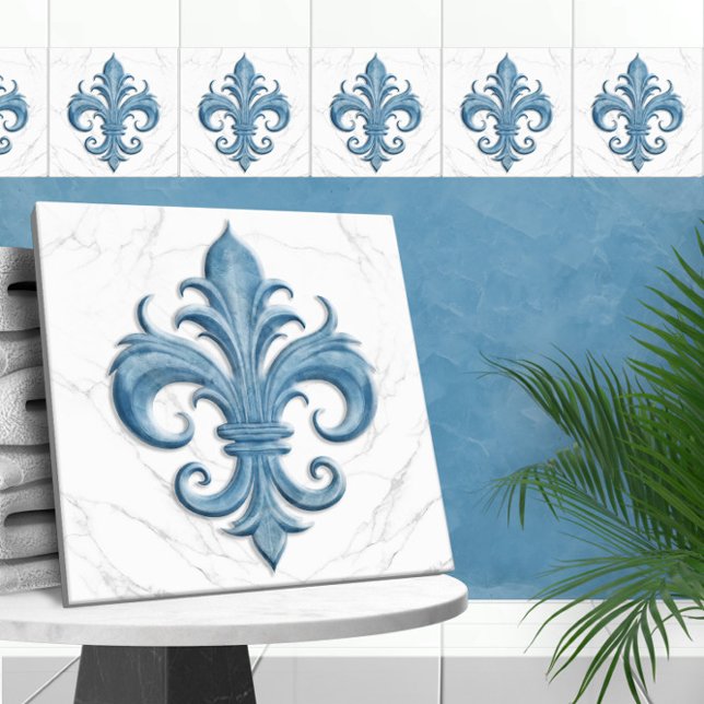 Carreau Marbre blanc et bleu Fleur-De-Lis (Créateur téléchargé)