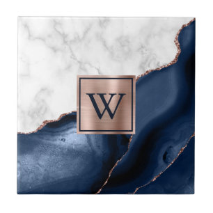 Carreau Marbre blanc Rose Gold Marine Blue Agate Monogramm