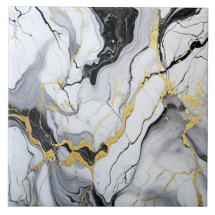 Carreau Marbre Noir Blanc Or Et Encre D'Alcool Abstrait