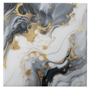 Carreau Marbre Noir Blanc Or Et Encre D'Alcool Abstrait
