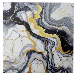 Carreau Marbre Noir Blanc Or Et Encre D'Alcool Abstrait