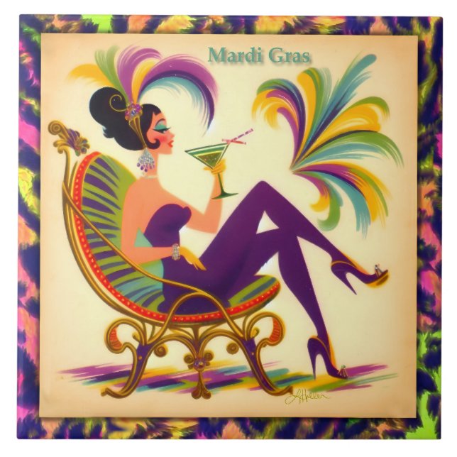 Carreau Mardi Gras Femme Au Milieu Du Siècle Avec Martini (Devant)