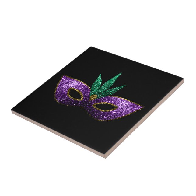 Carreau Mardi Gras Masque violet vert or étincelles noir (Côté)