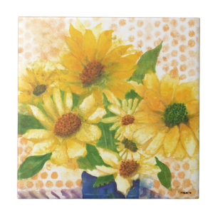 Carreau marguerites jaunes dans vase bleu